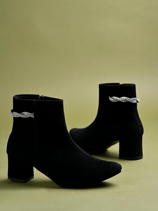 Shoetopia Women's Suede Ankle Boots with Block Heel and Rhinestone Knot Detail||Side Zip Fashion Booties for Fall & Winter