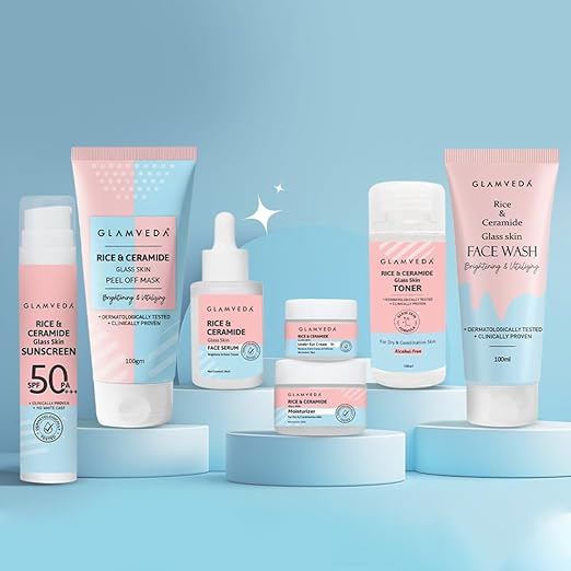 Glamveda Korean 7 Step Winter Skincare Kit for Women | Rice & Ceramide Routine | Gift Box | Skin Brightening, Anti-Ageing | Face Wash + Toner + Moisturizer + Serum + Mask + Sunscreen + Under Eye Cream